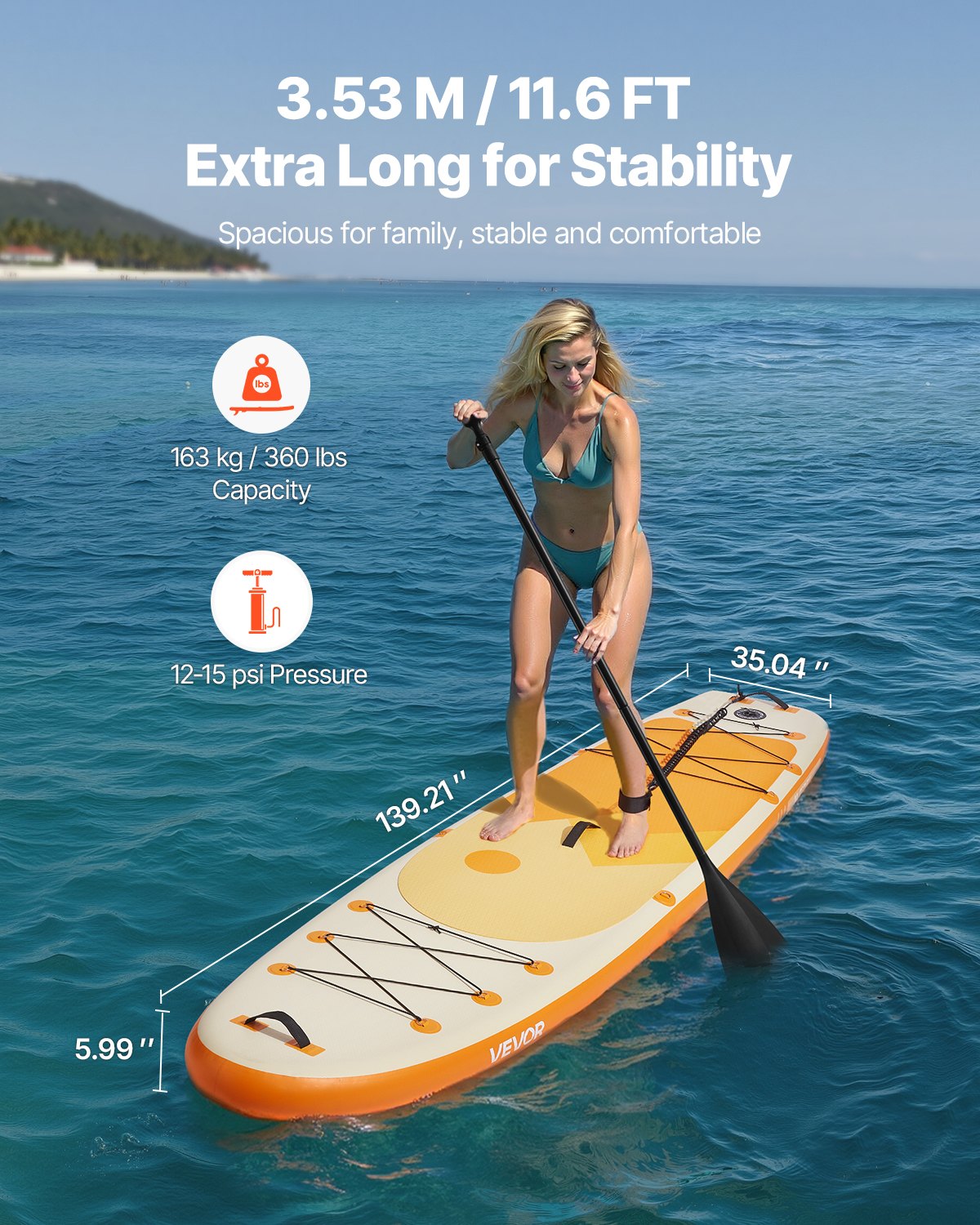 Inflatable Stand Up Paddle Board, 3.53m x 89cm x 15cm Wide Ultra-Light SUP Paddleboard, All Accessories Included, Pump, Paddle, Fin, Backpack, Ankle Leash, Strap, Non-slip Deck for Youth, Adults