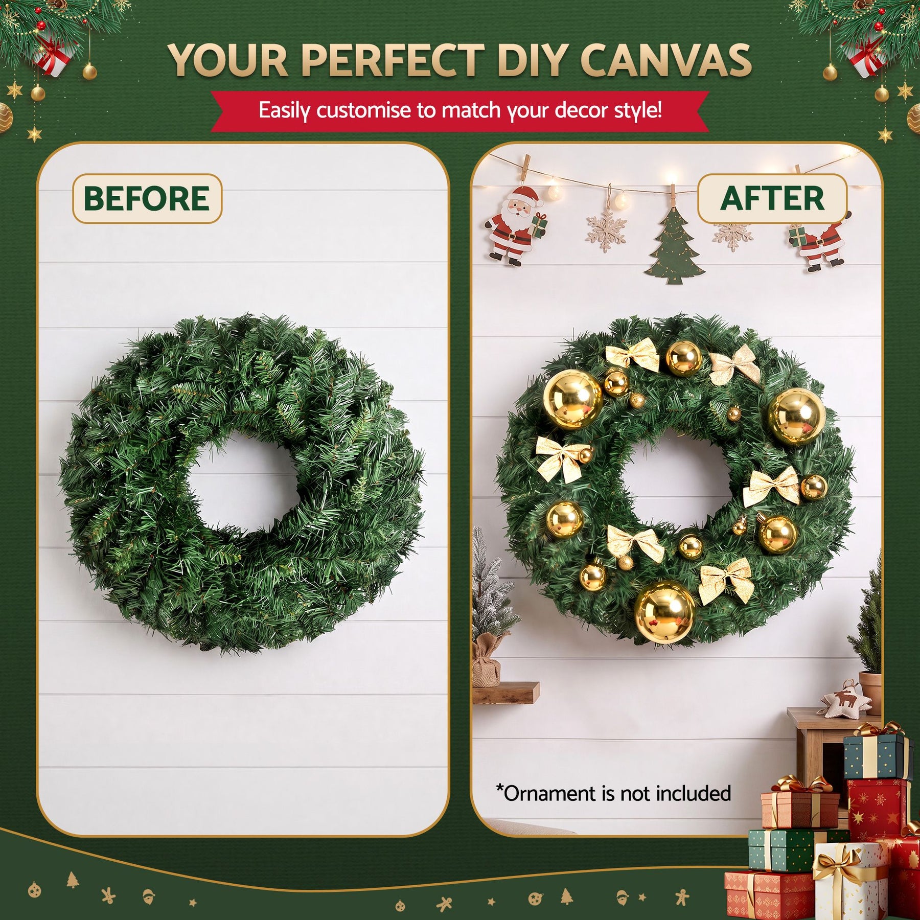 Jingle Jollys 60cm Christmas Wreath Garland Xmas Decorations Wedding Party