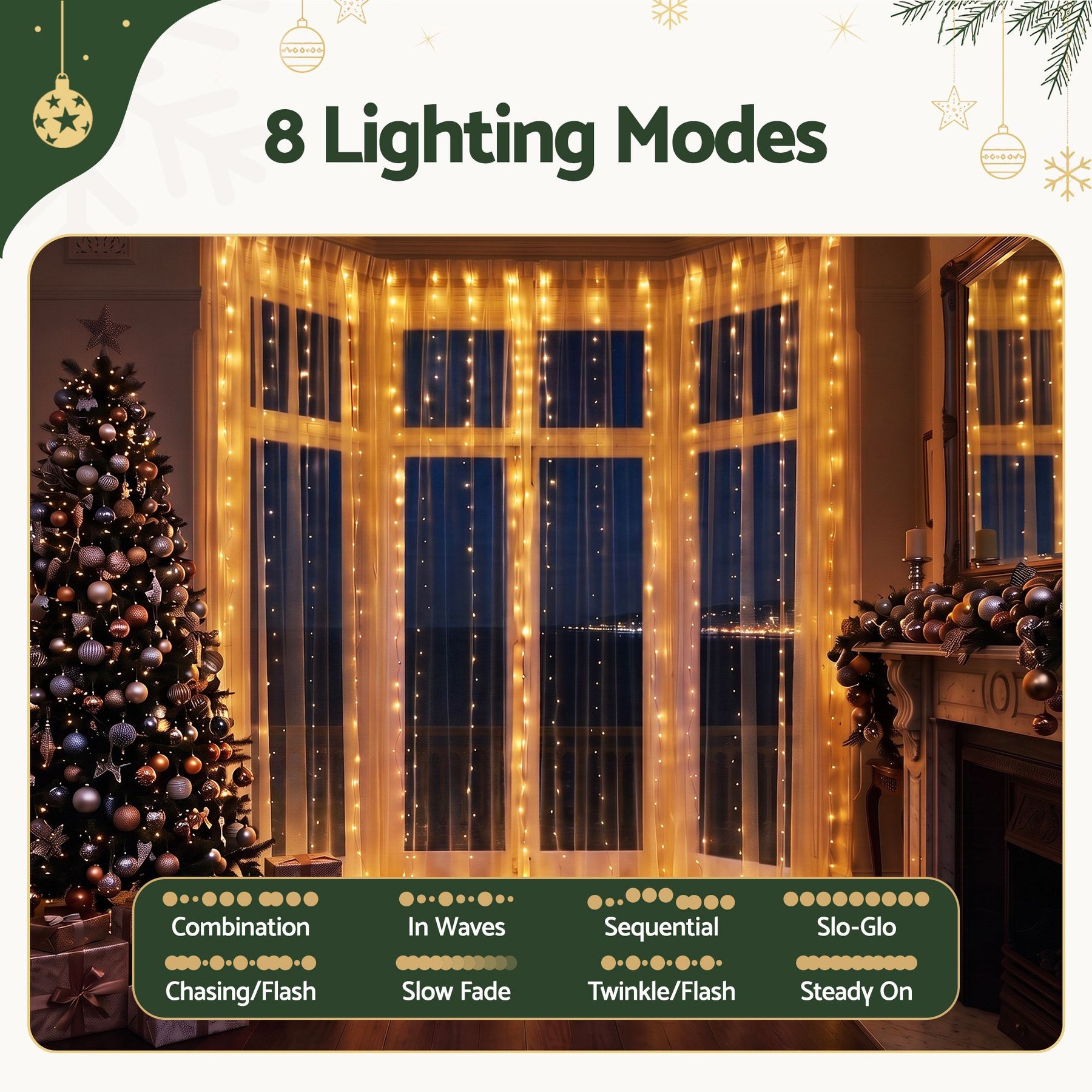 Jingle Jollys 3X3M Christmas Lights Curtain String Light 300 LED Warm White