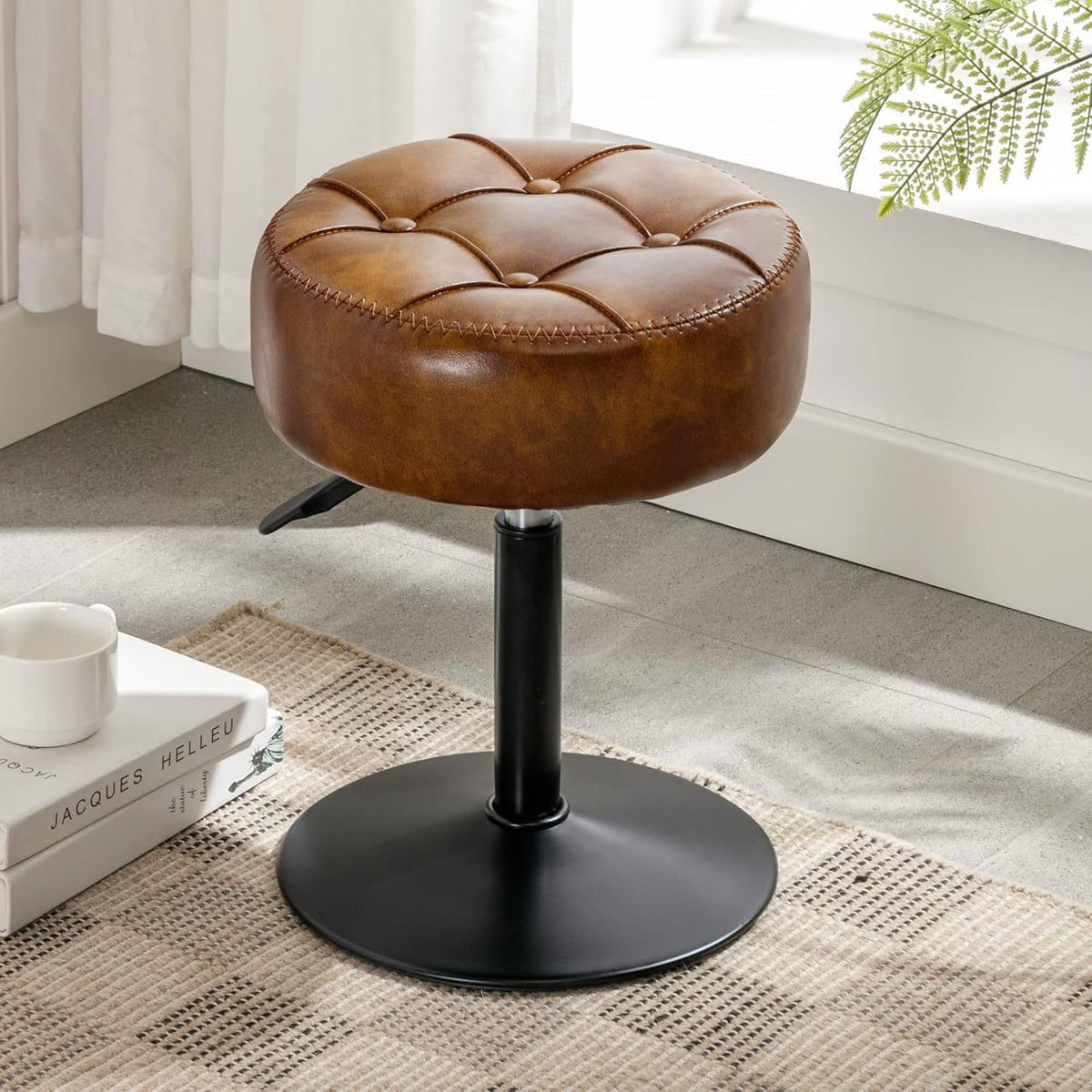 Adjustable Vanity Stool NZ – Brown Faux Leather Chair, 360° Swivel Makeup Stool, Height Adjustable Vanity Seat - SportZone.co.nz