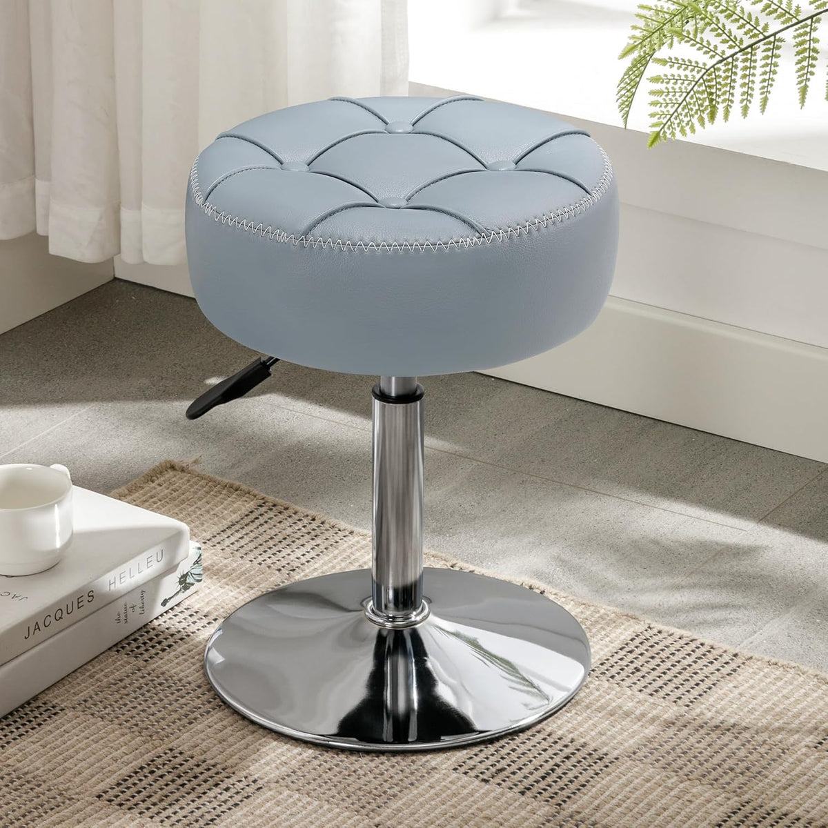 Adjustable Vanity Stool NZ – Grey Blue Faux Leather Chair, 360° Swivel Makeup Stool, Height Adjustable Vanity Seat - SportZone.co.nz