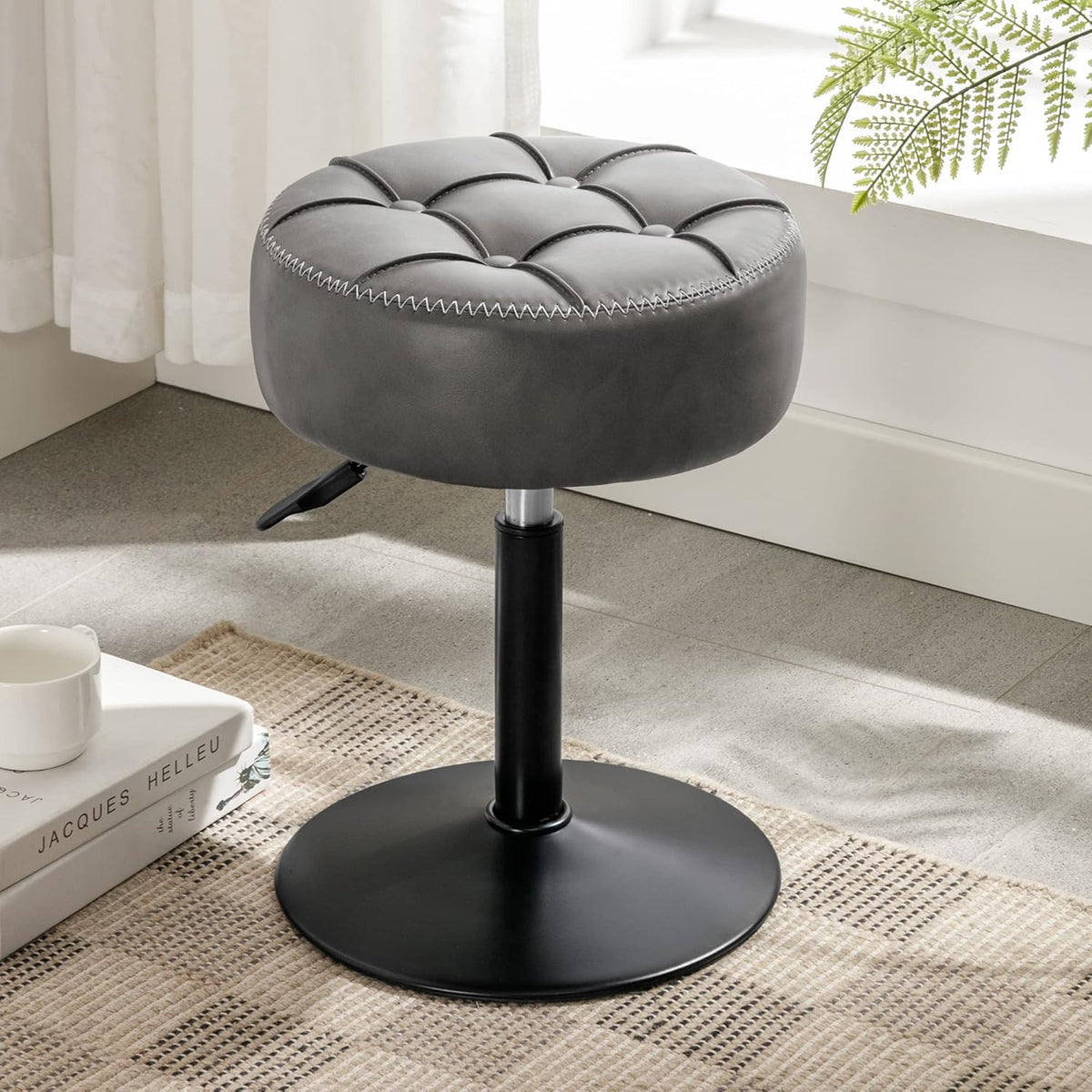 Adjustable Vanity Stool NZ – Grey Faux Leather Chair, 360° Swivel Makeup Stool, Height Adjustable Vanity Seat - SportZone.co.nz