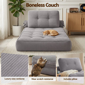 Artiss 1 Seater Corduroy Convertible Sofa Bed Pull Out Boneless Couch Grey - SportZone.co.nz