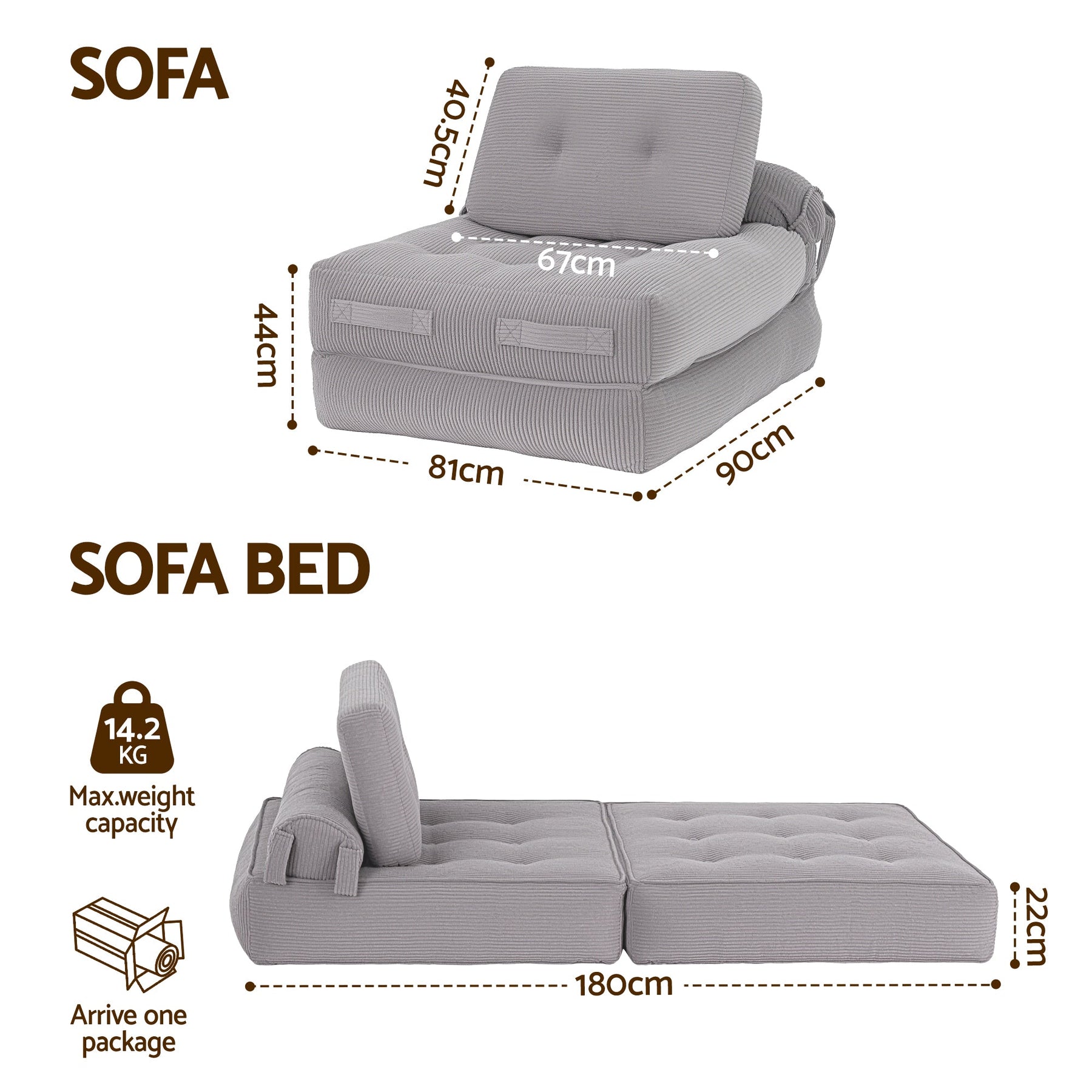 Artiss 1 Seater Corduroy Convertible Sofa Bed Pull Out Boneless Couch Grey - SportZone.co.nz