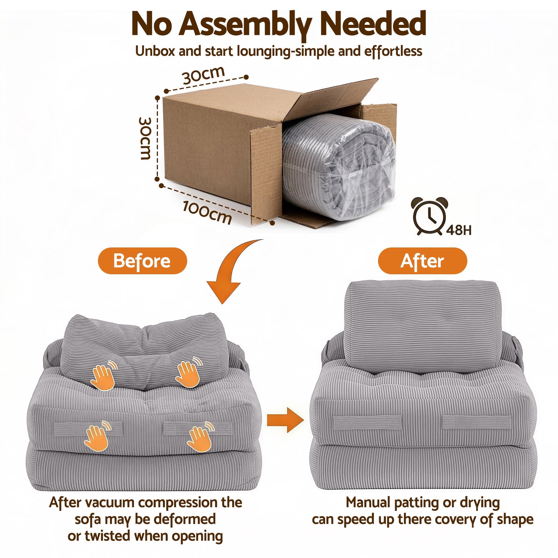 Artiss 1 Seater Corduroy Convertible Sofa Bed Pull Out Boneless Couch Grey - SportZone.co.nz