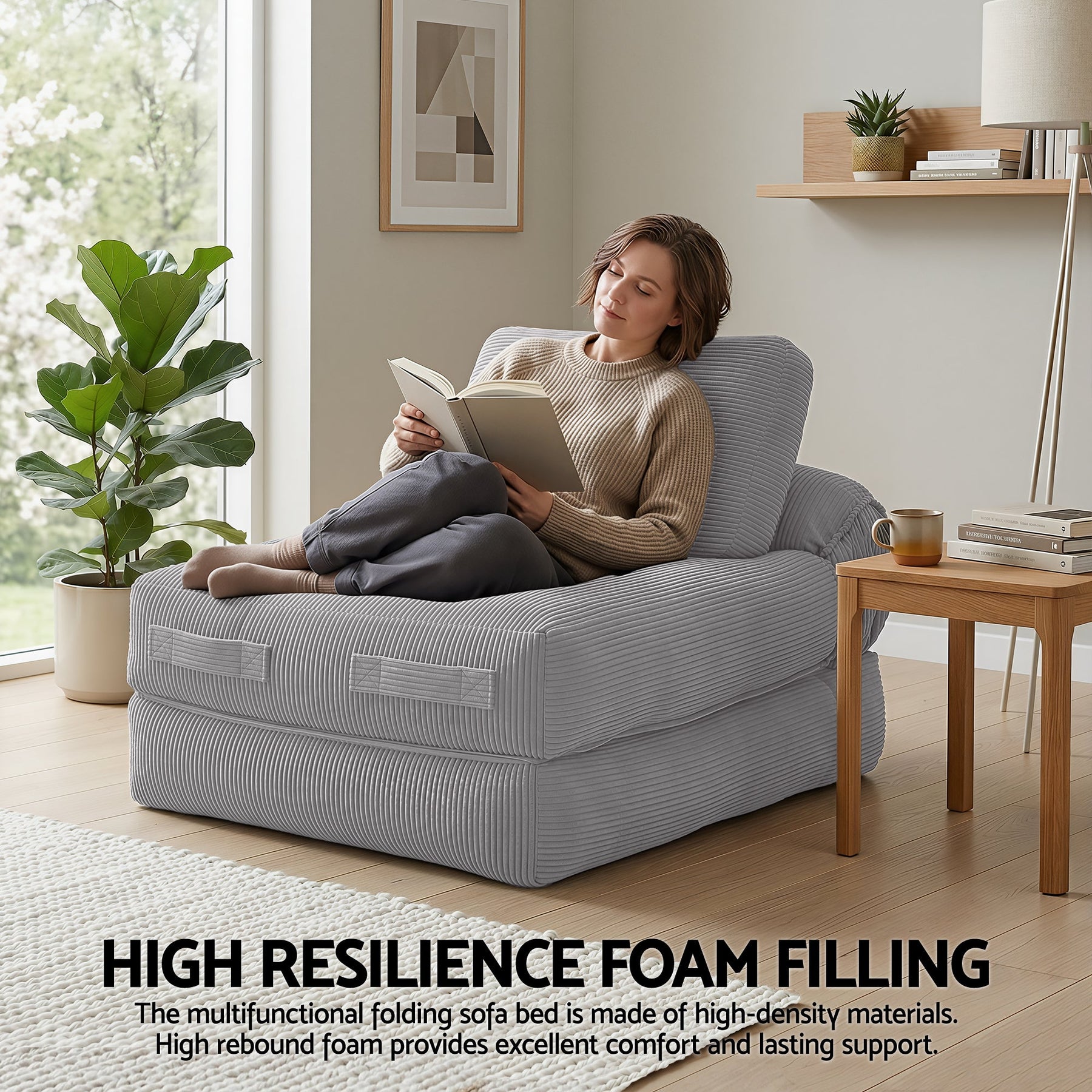 Artiss 1 Seater Corduroy Convertible Sofa Bed Pull Out Boneless Couch Grey - SportZone.co.nz
