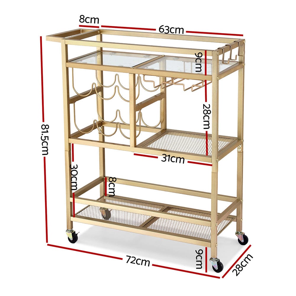 Artiss Bar Cart Drinks Trolley Serving Wine Rack Glass Holder 3 Hooks 72cm Gold - SportZone.co.nz