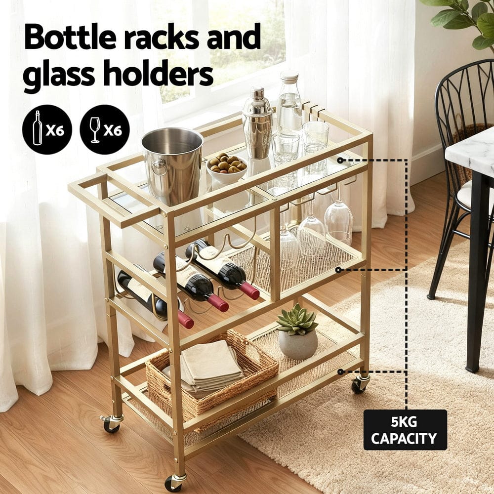 Artiss Bar Cart Drinks Trolley Serving Wine Rack Glass Holder 3 Hooks 72cm Gold - SportZone.co.nz