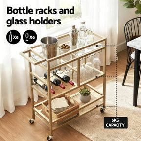 Artiss Bar Cart Drinks Trolley Serving Wine Rack Glass Holder 3 Hooks 72cm Gold - SportZone.co.nz