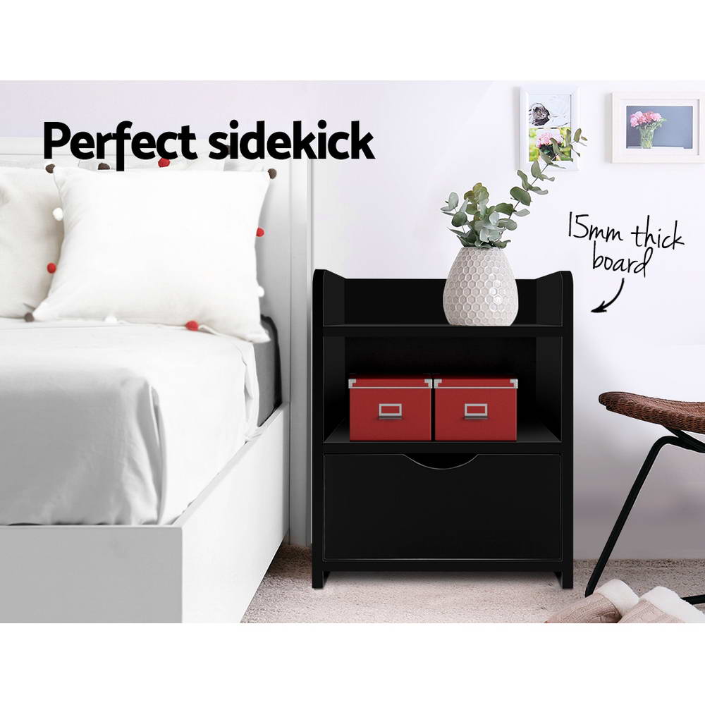 Artiss Bedside Table 1 Drawer with Shelf - FARA Black - SportZone.co.nz
