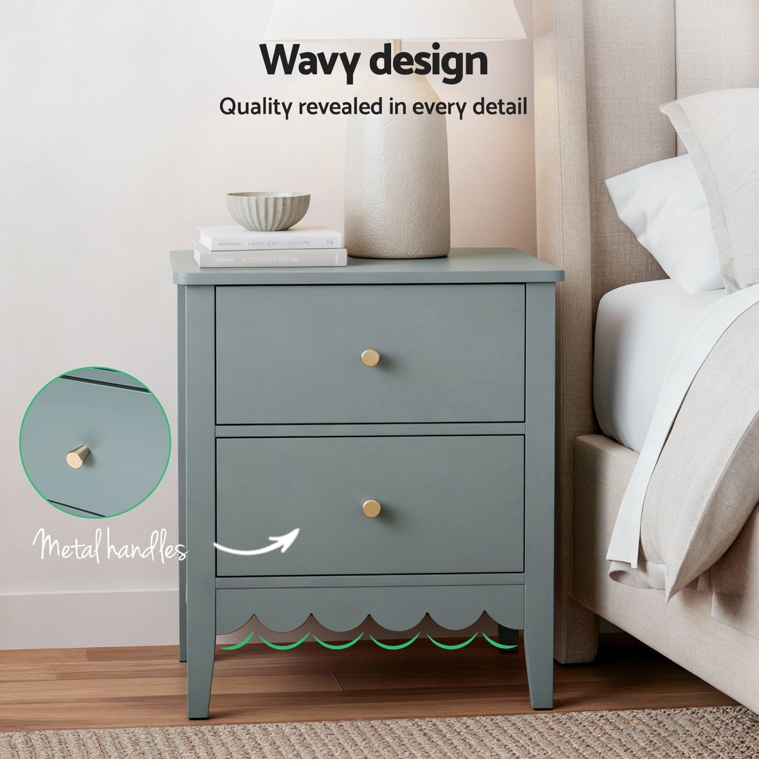 Artiss Bedside Table 2 Drawers Bedroom Storage Nightstand Green - SportZone.co.nz
