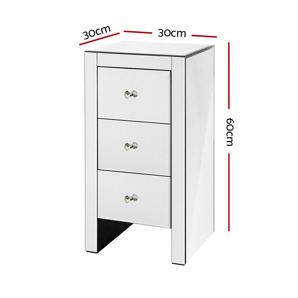 Artiss Bedside Table 3 Drawers Mirrored - QUENN Silver - SportZone.co.nz