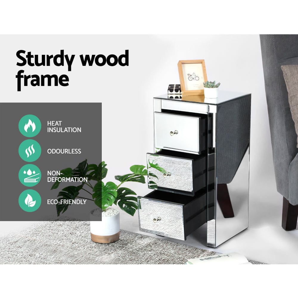 Artiss Bedside Table 3 Drawers Mirrored - QUENN Silver - SportZone.co.nz