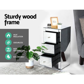 Artiss Bedside Table 3 Drawers Mirrored - QUENN Silver - SportZone.co.nz