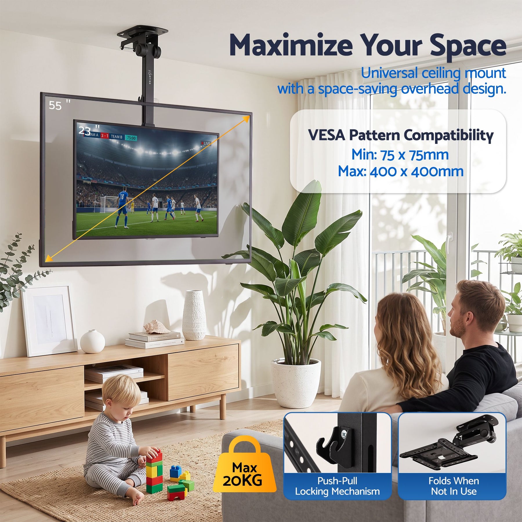 Artiss Ceiling TV Mount 23-55 Inch Flip Down Folding VESA 400x400 Height Adjustable Swivel - SportZone.co.nz