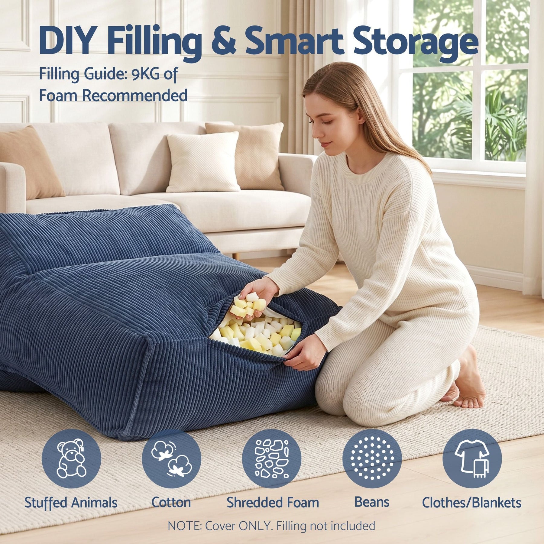 Artiss Corduroy Bean Bag Chair Cover Blue | Soft Washable Lazy Sofa Cover - SportZone.co.nz