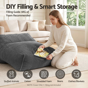 Artiss Corduroy Bean Bag Chair Cover Grey | Soft Washable Lazy Sofa Cover - SportZone.co.nz