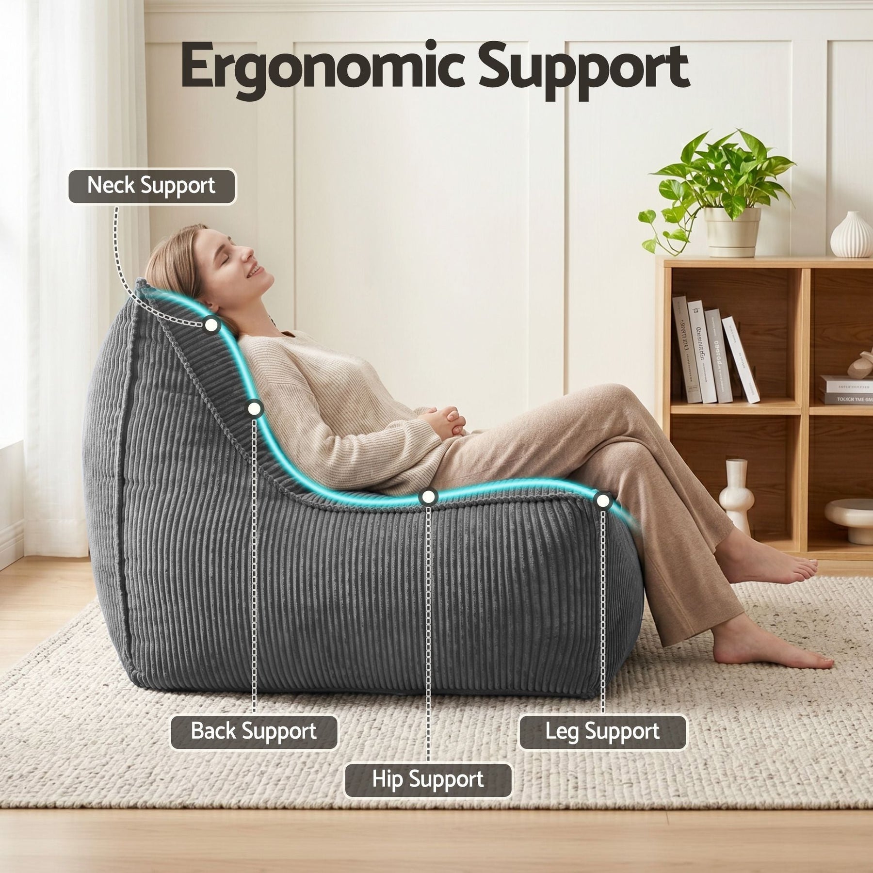 Artiss Corduroy Bean Bag Chair Cover Grey | Soft Washable Lazy Sofa Cover - SportZone.co.nz