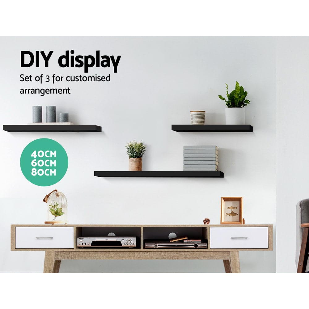 Artiss Floating Wall Shelf Set of 3 Black - SportZone.co.nz