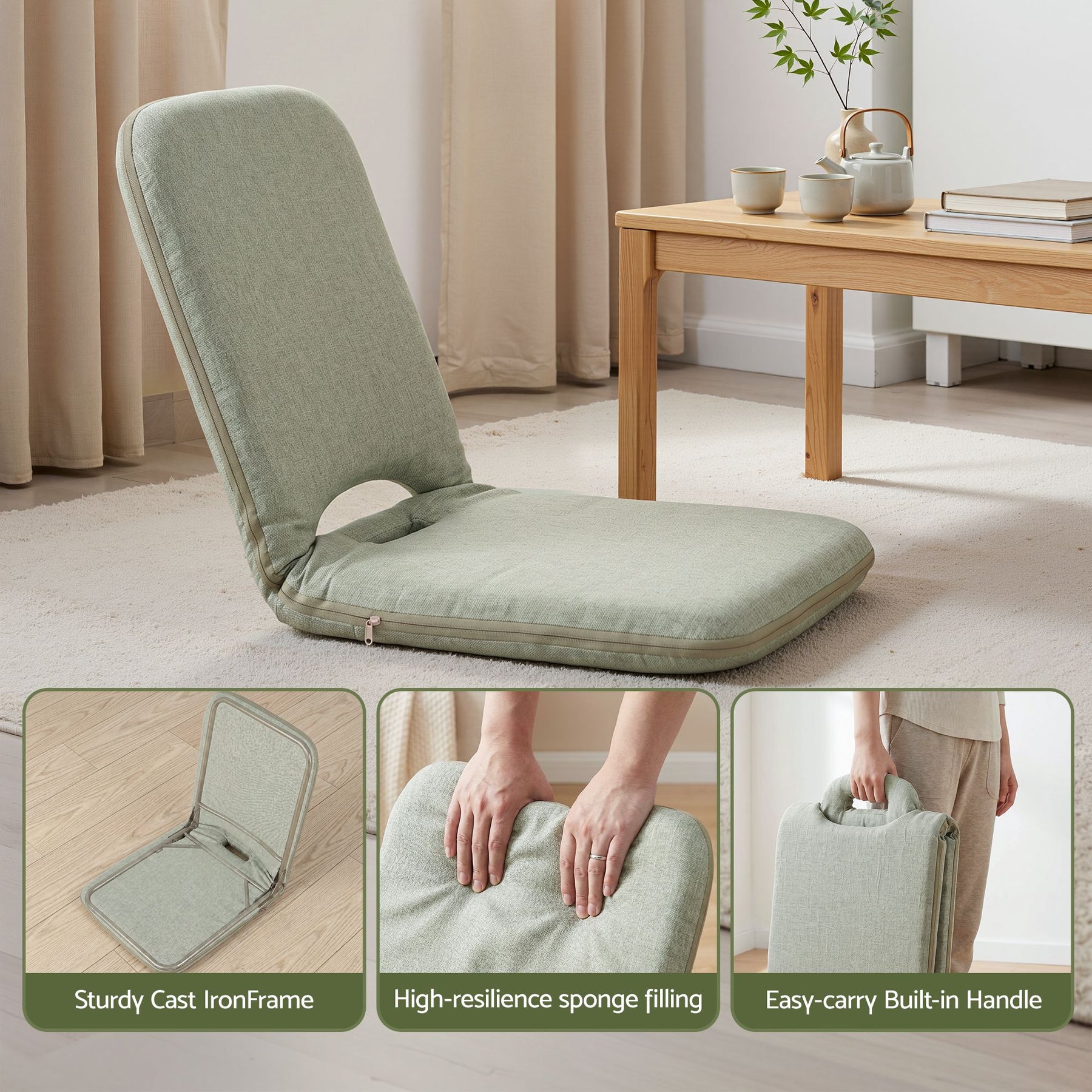 Artiss Floor Chair 5 Position Adjustable Green Lazy Sofa for Living Room Bedroom - SportZone.co.nz