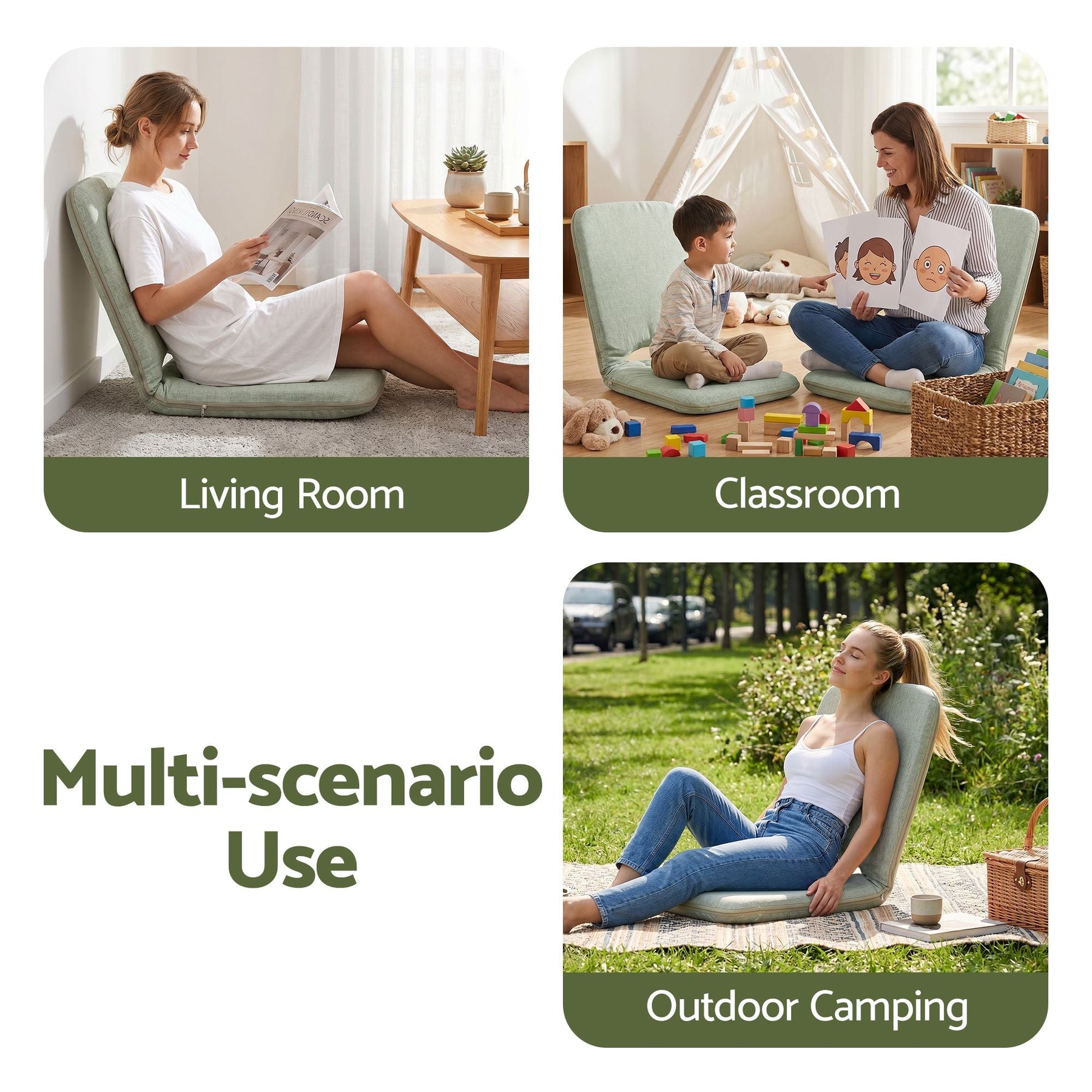 Artiss Floor Chair 5 Position Adjustable Green Lazy Sofa for Living Room Bedroom - SportZone.co.nz