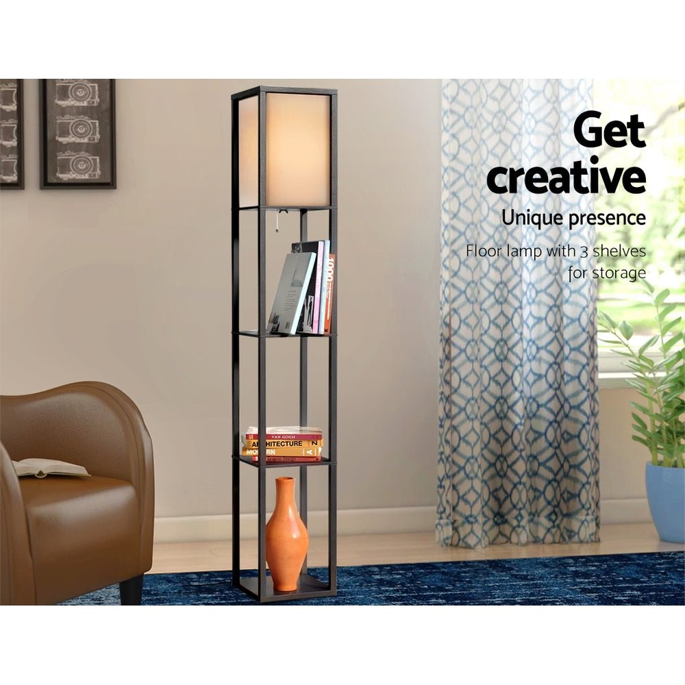 Artiss Floor Lamp 3 Tier Shelf Shelf Storage LED Light Stand Home Room Vintage Black - SportZone.co.nz