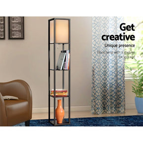 Artiss Floor Lamp 3 Tier Shelf Shelf Storage LED Light Stand Home Room Vintage Black - SportZone.co.nz
