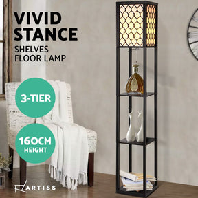 Artiss Floor Lamp 3 Tier Shelf Storage LED Light Stand Home Room Pattern Black - SportZone.co.nz