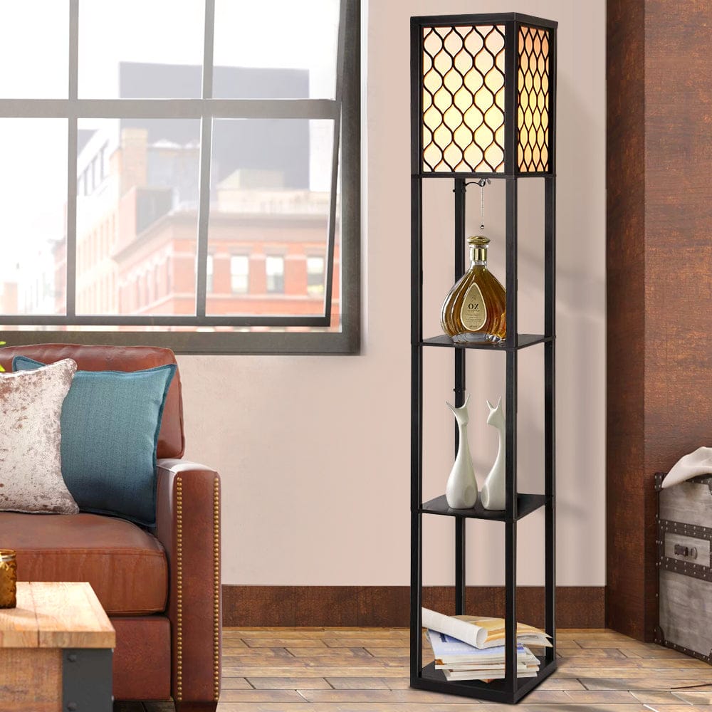 Artiss Floor Lamp 3 Tier Shelf Storage LED Light Stand Home Room Pattern Black - SportZone.co.nz