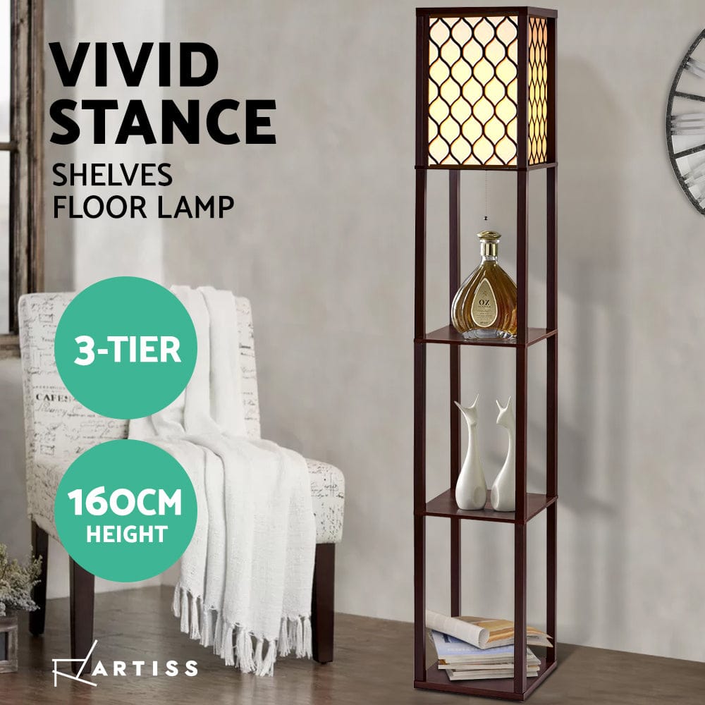 Artiss Floor Lamp 3 Tier Shelf Storage LED Light Stand Home Room Pattern Brown - SportZone.co.nz