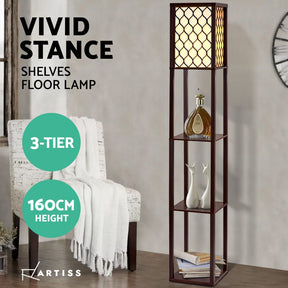 Artiss Floor Lamp 3 Tier Shelf Storage LED Light Stand Home Room Pattern Brown - SportZone.co.nz