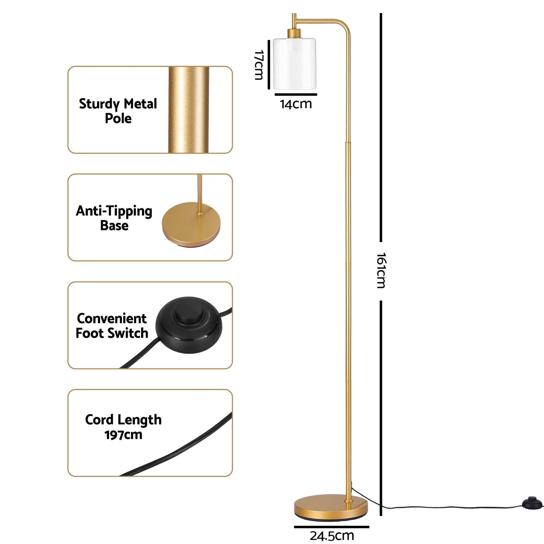 Artiss Floor Lamp Modern Industrial Standing Light with Clear Glass Shade, GoldMetal Tall Lamp for Living Room, Bedroom & Office, Anti-Tipping Weighted Base & Foot Switch (Bulb Not Included) - SportZone.co.nz