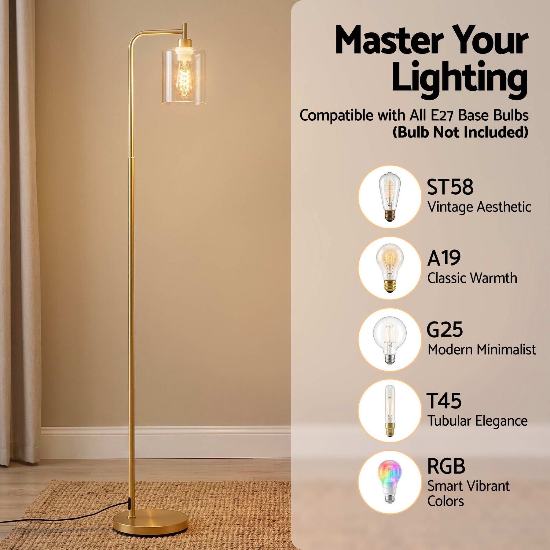 Artiss Floor Lamp Modern Industrial Standing Light with Clear Glass Shade, GoldMetal Tall Lamp for Living Room, Bedroom & Office, Anti-Tipping Weighted Base & Foot Switch (Bulb Not Included) - SportZone.co.nz