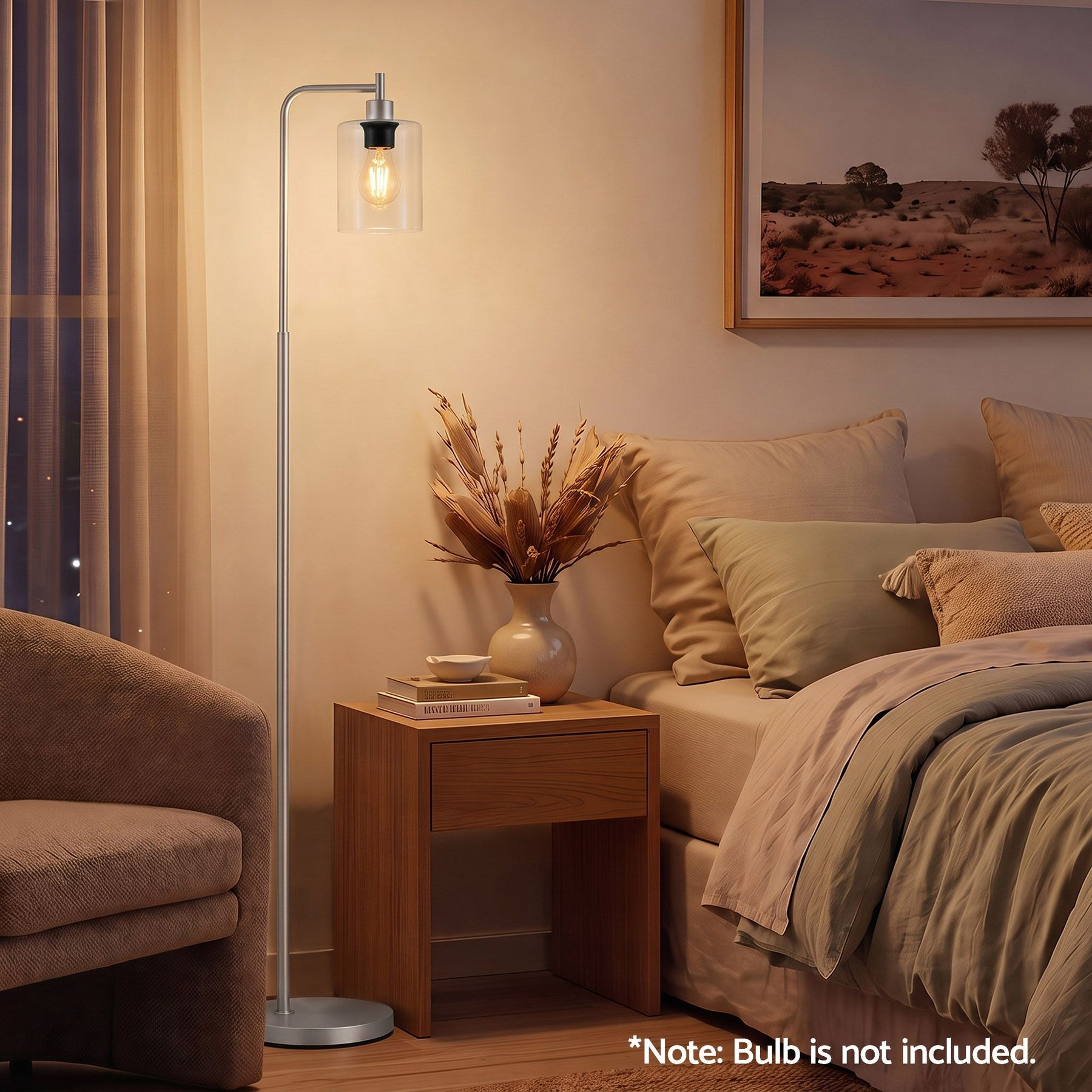 Artiss Floor Lamp Modern Industrial Standing Light with Clear Glass Shade, Silver Metal Tall Lamp for Living Room, Bedroom & Office, Anti-Tipping Weighted Base & Foot Switch (Bulb Not Included) - SportZone.co.nz