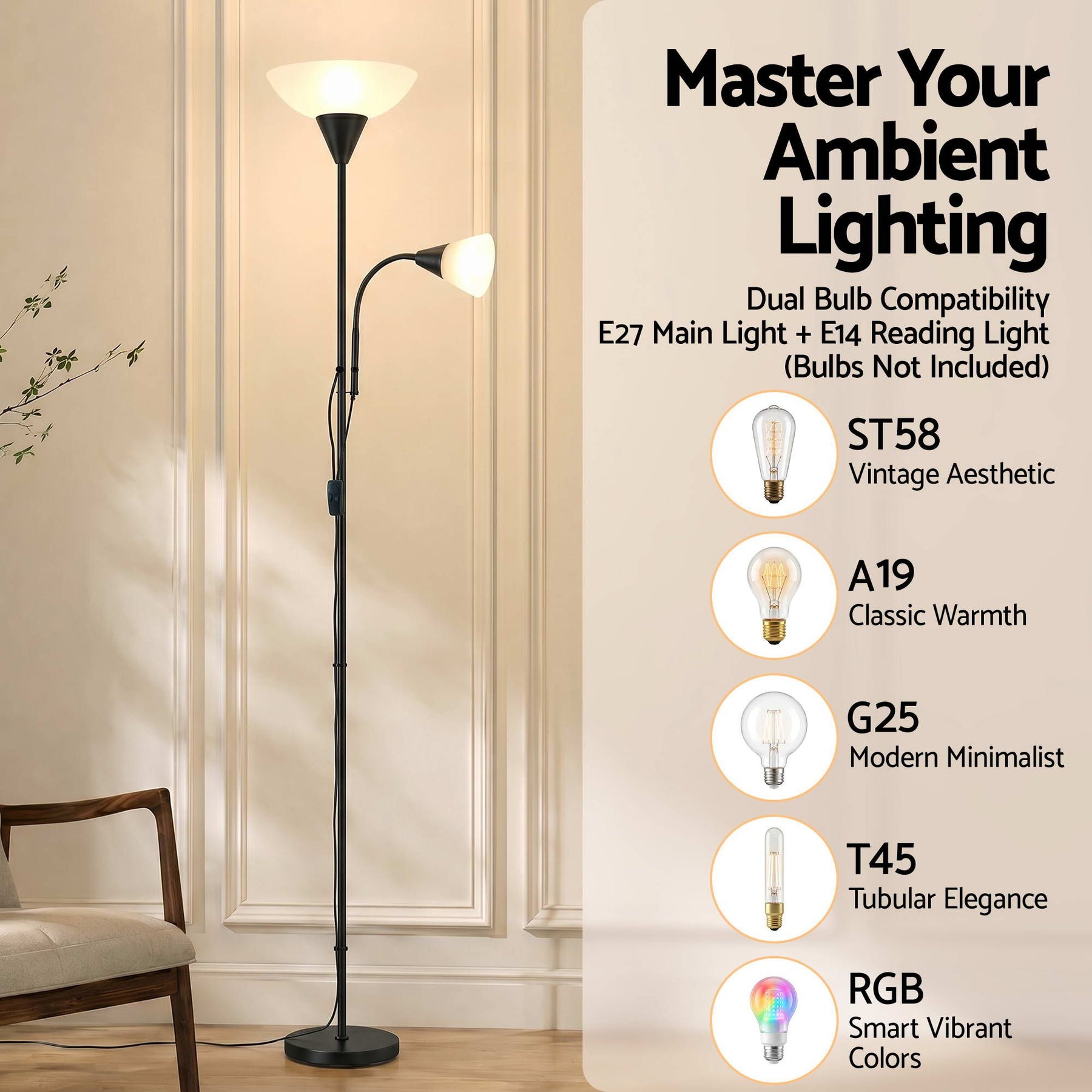 Artiss Floor Lamp Mother and Child Modern Home Living Room Office Reading Black - SportZone.co.nz