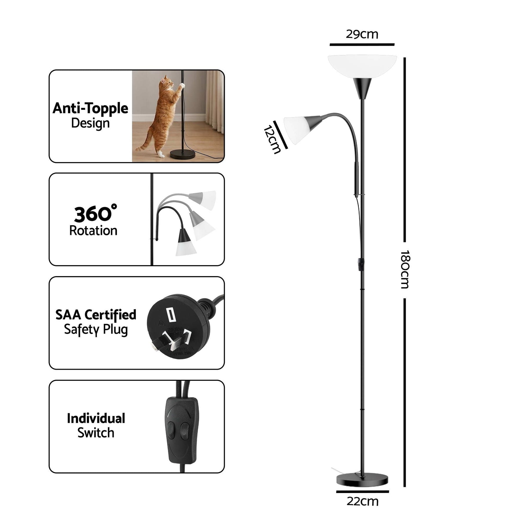 Artiss Floor Lamp Mother and Child Modern Home Living Room Office Reading Black - SportZone.co.nz