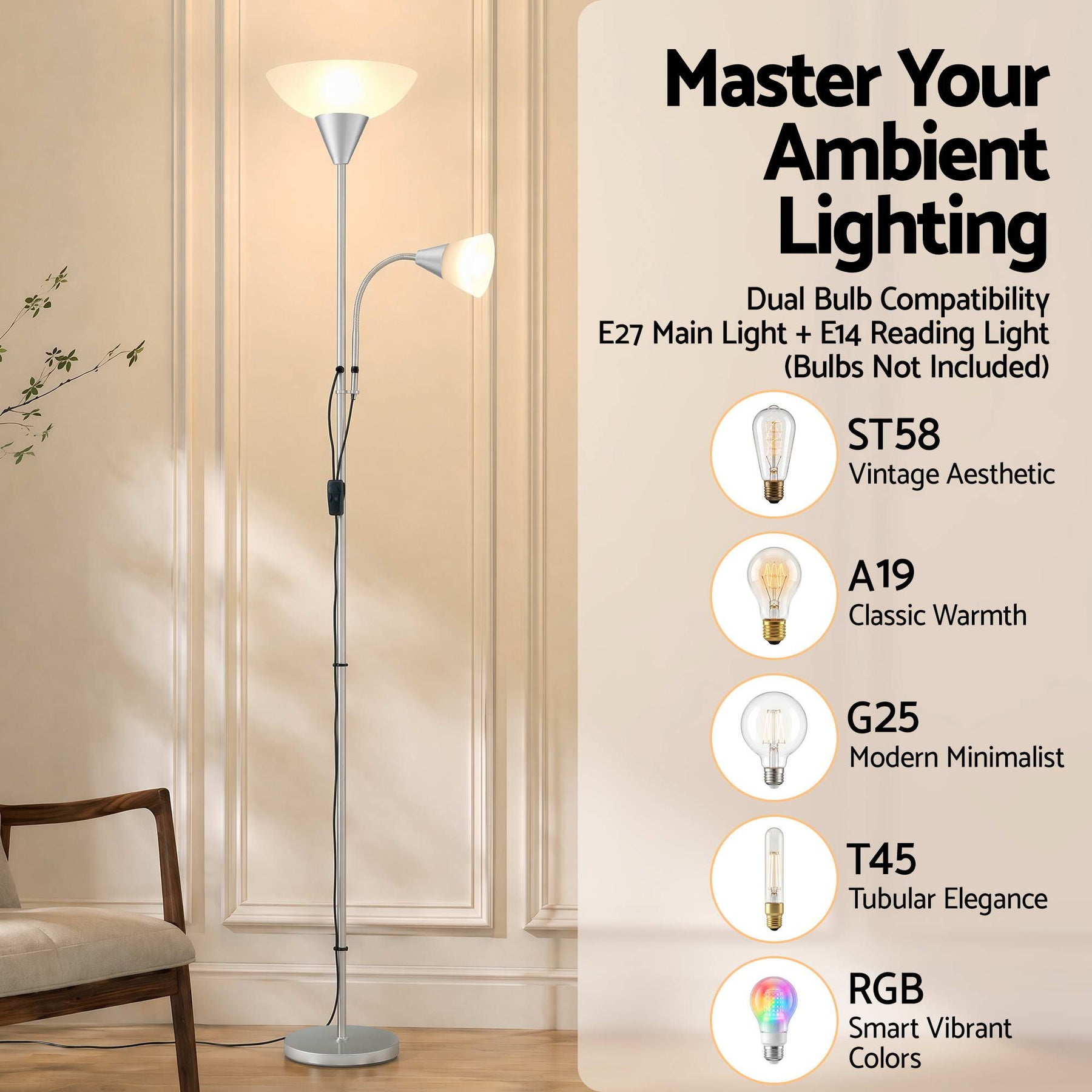 Artiss Floor Lamp Mother and Child Modern Home Living Room Office Reading Silver - SportZone.co.nz