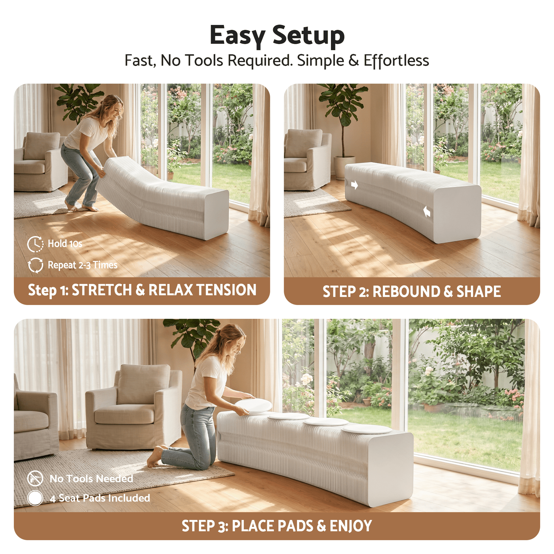 Artiss Folding Paper Bench With 4 PU Leather Seat Pads Expandable Accordion Stool For 4 Seats - SportZone.co.nz