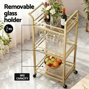 Artiss Kitchen Island Cart Trolley Rolling Serving Storage Wine Glass 43cm Gold - SportZone.co.nz