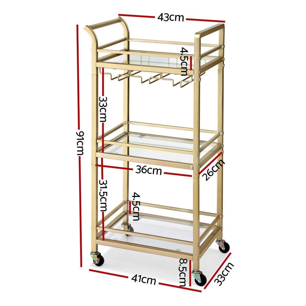 Artiss Kitchen Island Cart Trolley Rolling Serving Storage Wine Glass 43cm Gold - SportZone.co.nz