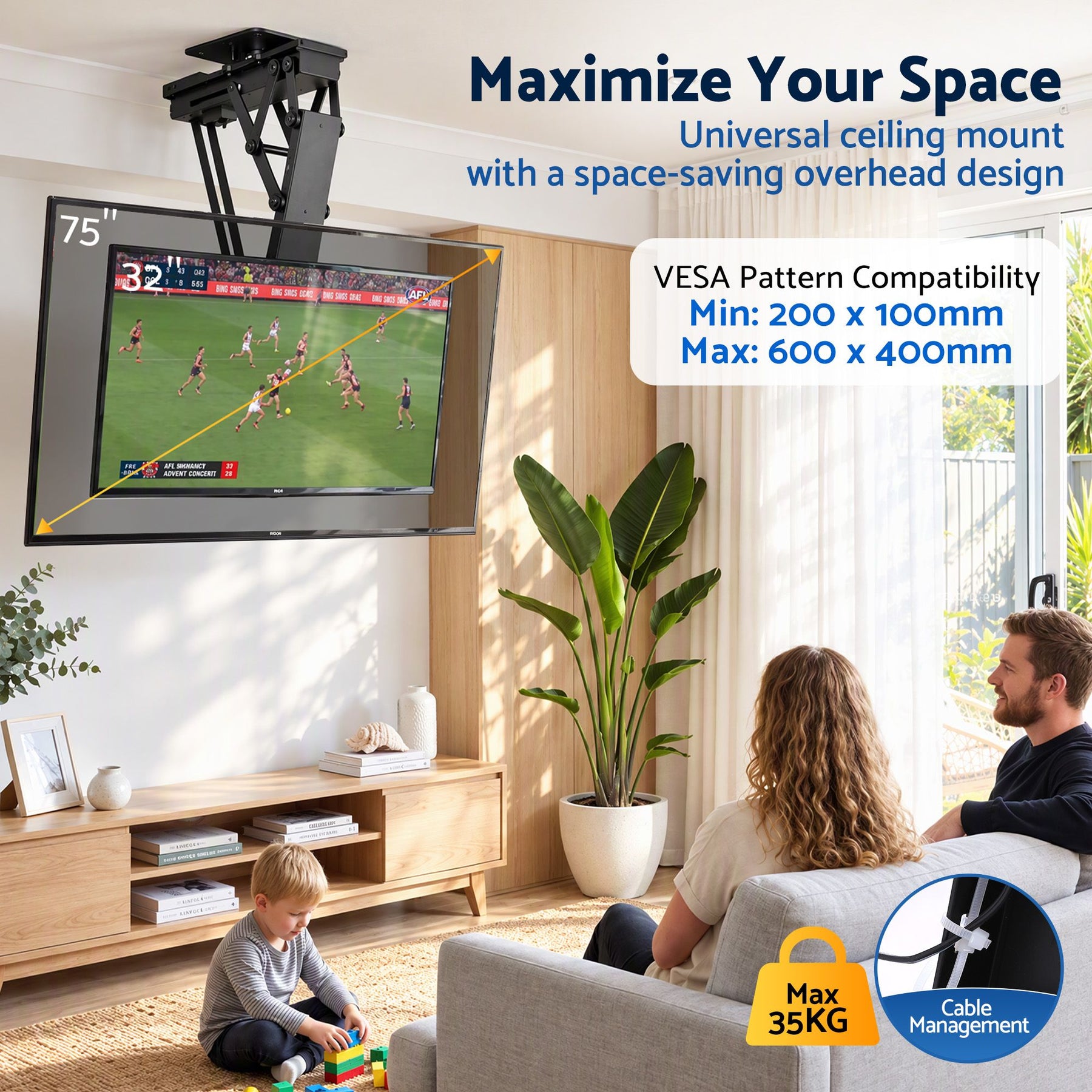 Artiss Motorised Ceiling TV Mount 32-75 Inch Flip Down Smart Remote VESA 600x400 - SportZone.co.nz