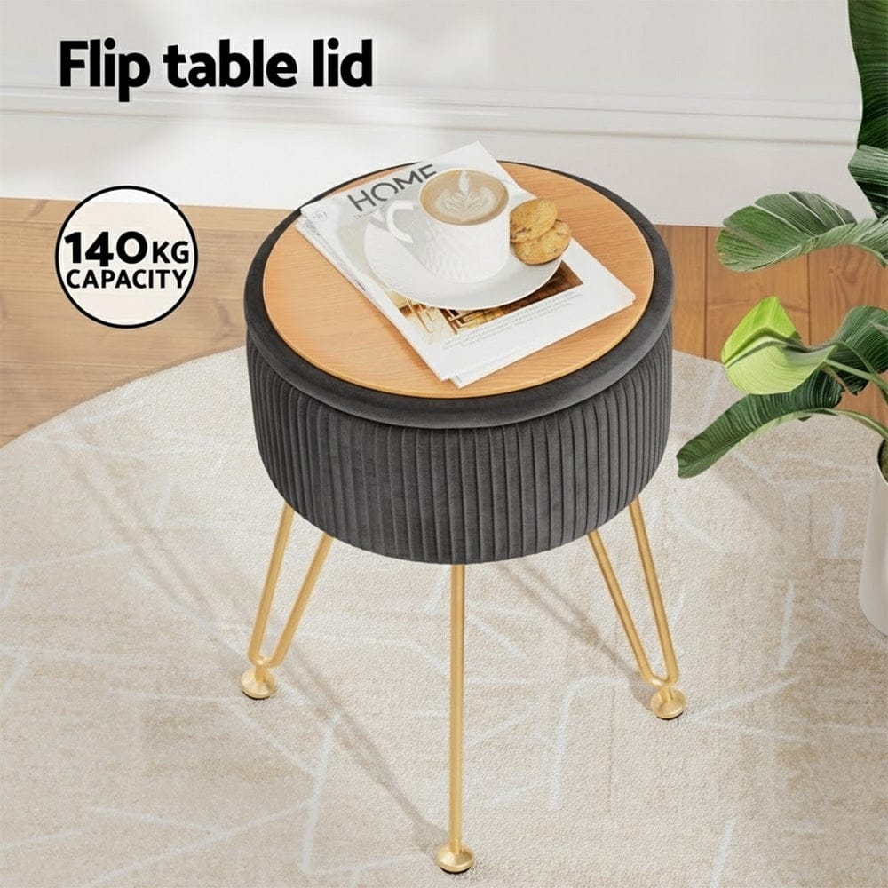Artiss Ottoman Storage Foot Stool Vanity Velvet Round Grey - SportZone.co.nz