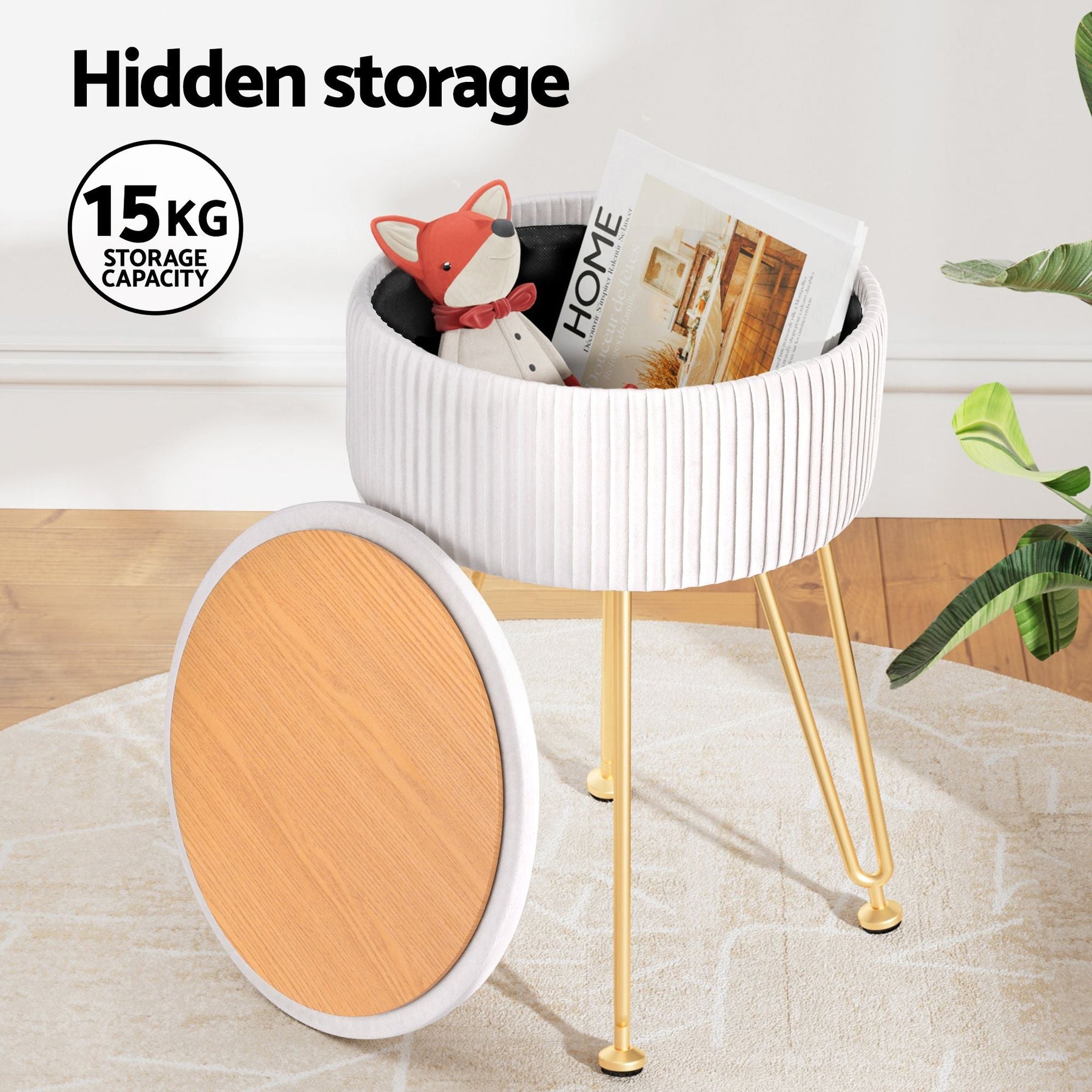 Artiss Ottoman Storage Foot Stool Vanity Velvet Round White - SportZone.co.nz
