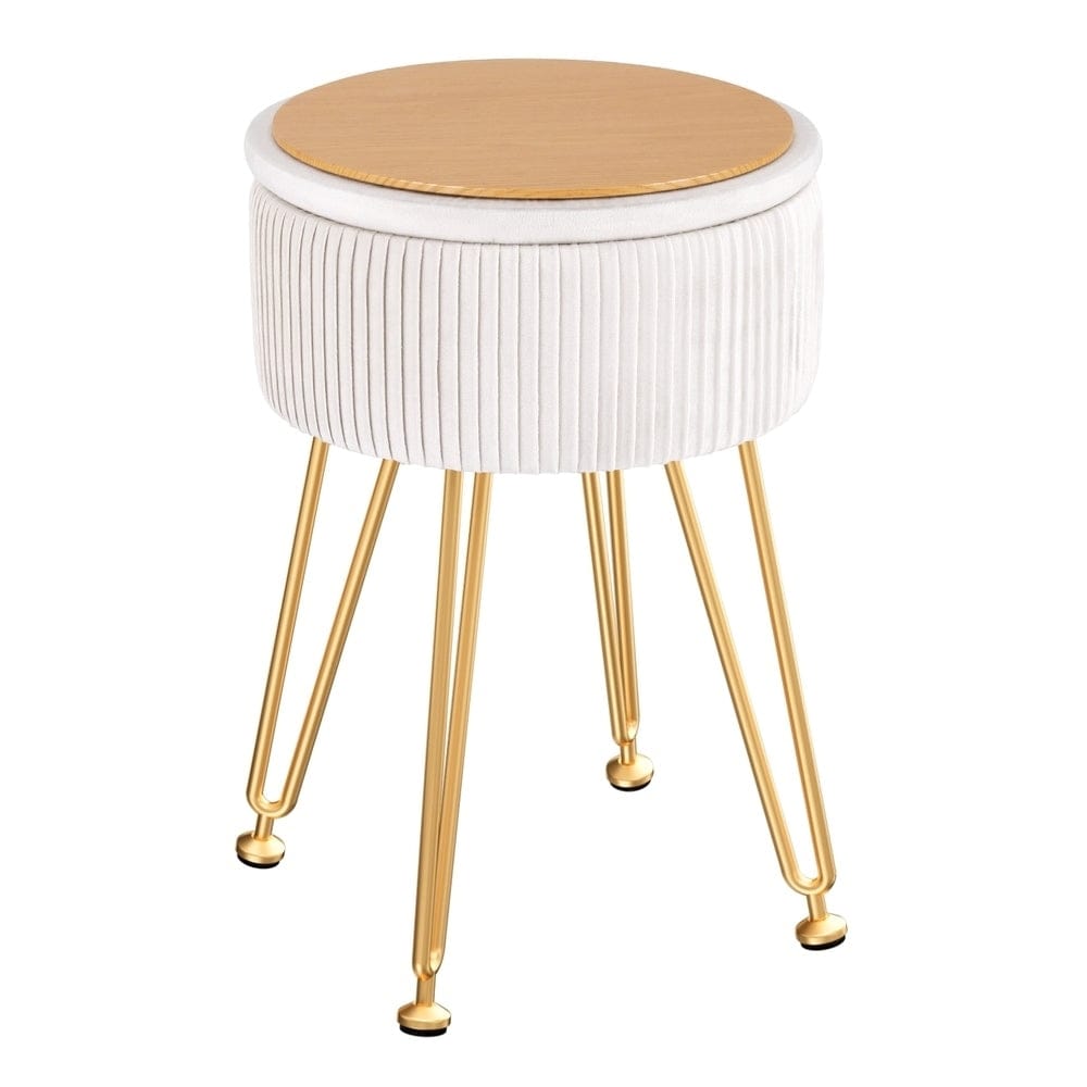 Artiss Ottoman Storage Foot Stool Vanity Velvet Round White - SportZone.co.nz