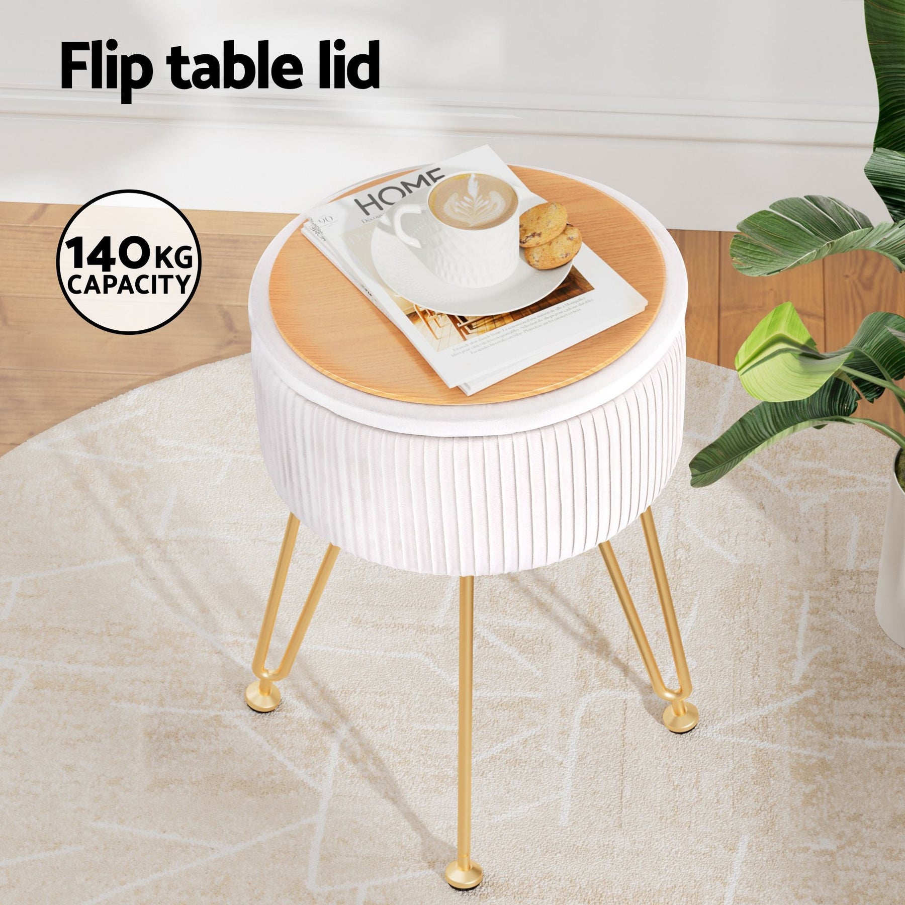 Artiss Ottoman Storage Foot Stool Vanity Velvet Round White - SportZone.co.nz
