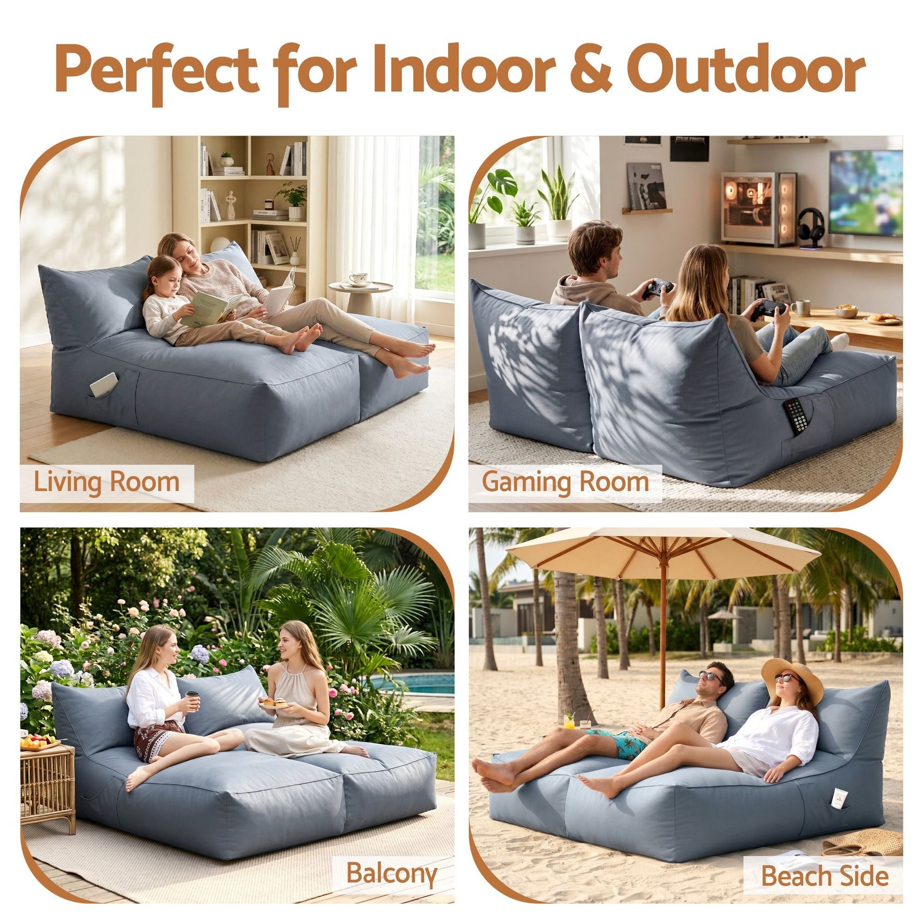 Artiss Outdoor Bean Bag Chair Cover (No Filler) 2 Seater Beanbag Lounge Sofacover Adults Splash - Proof Large Bean Bag Cover for Patio Poolside Relaxing Indoor, Grey - SportZone.co.nz