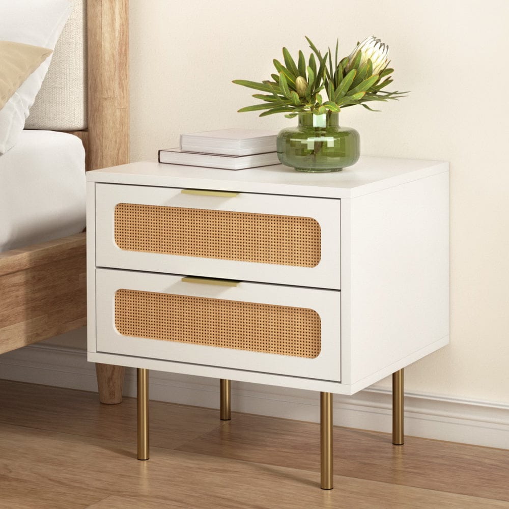 Artiss Rattan Bedside Table 2 Drawers Pine - SportZone.co.nz