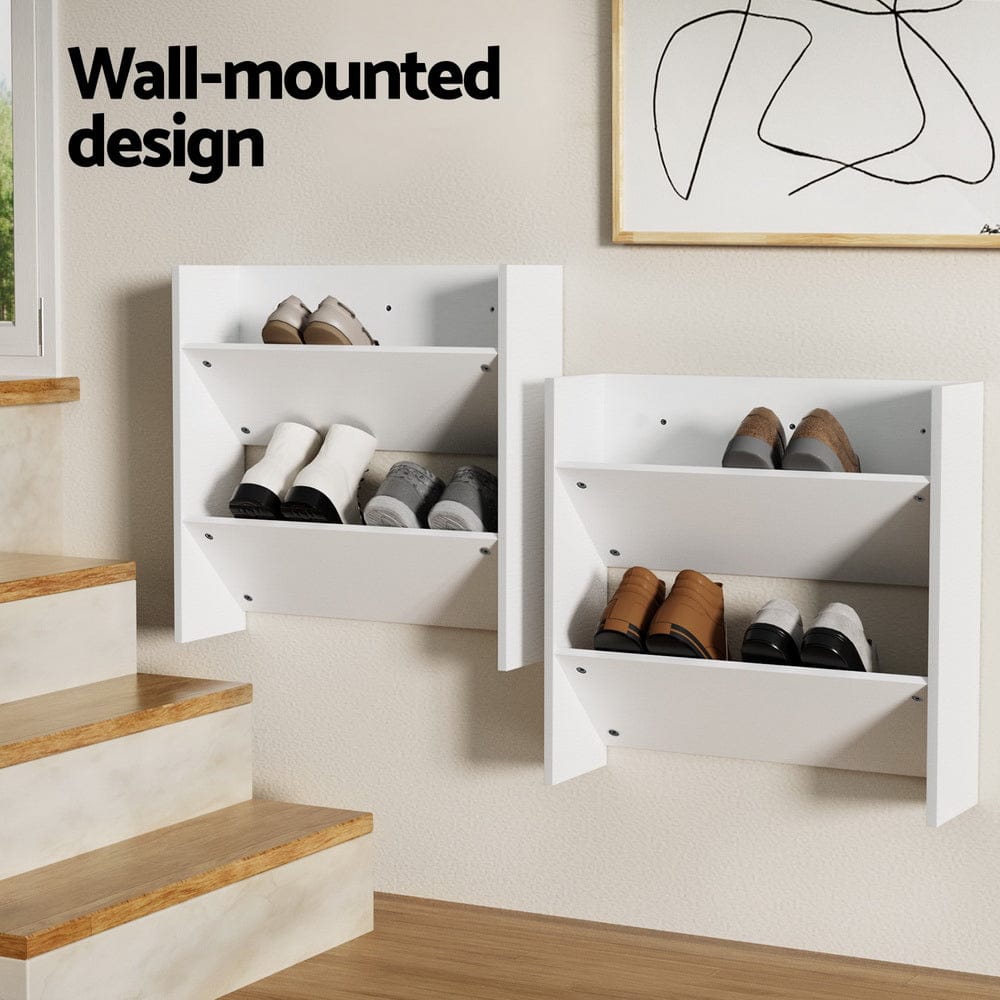 Artiss Shoe Rack 2 - tier 12 Pairs Wall Mounted x2 - White - SportZone.co.nz