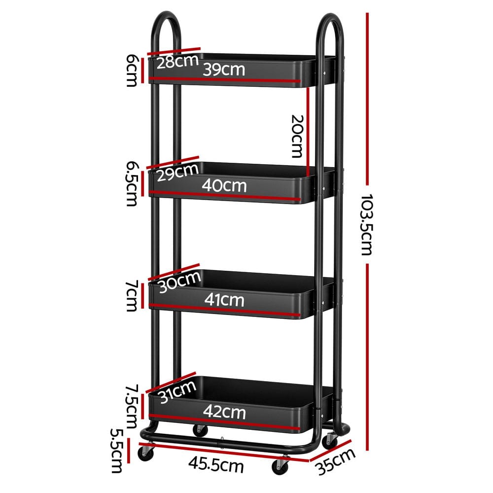 Artiss Storage Trolley Kitchen Cart 4 Tiers Black - SportZone.co.nz