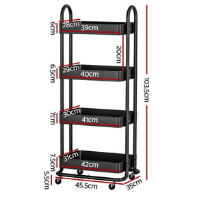 Artiss Storage Trolley Kitchen Cart 4 Tiers Black - SportZone.co.nz